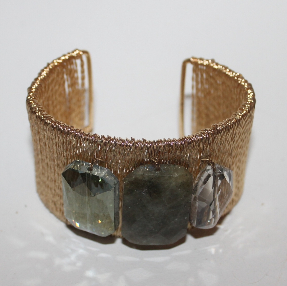 Gold Grey and Green Beautiful Bezel Bracelet with Wire Wrap Designed Cuff